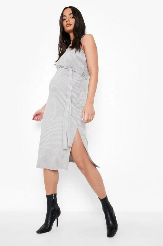 BOOHOO Maternity Ribbed Tie Midi Dress 1 BOOHOO Maternity Ribbed Tie Midi Dress