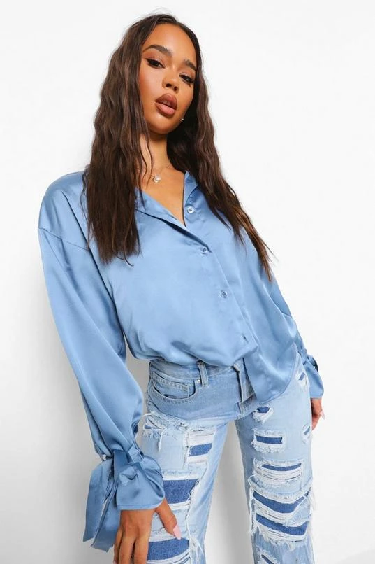 BOOHOO Tie Cuff Satin Oversized Shirt 1 BOOHOO Tie Cuff Satin Oversized Shirt