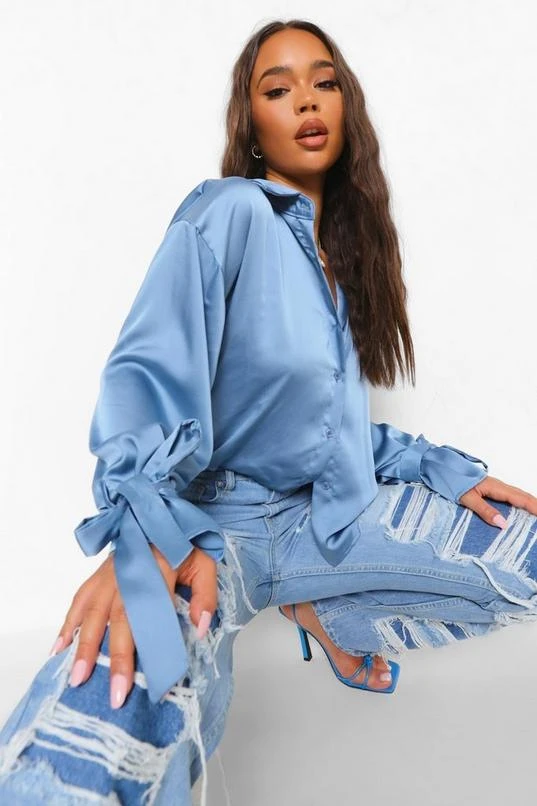 BOOHOO Tie Cuff Satin Oversized Shirt 3 BOOHOO Tie Cuff Satin Oversized Shirt - Image 3