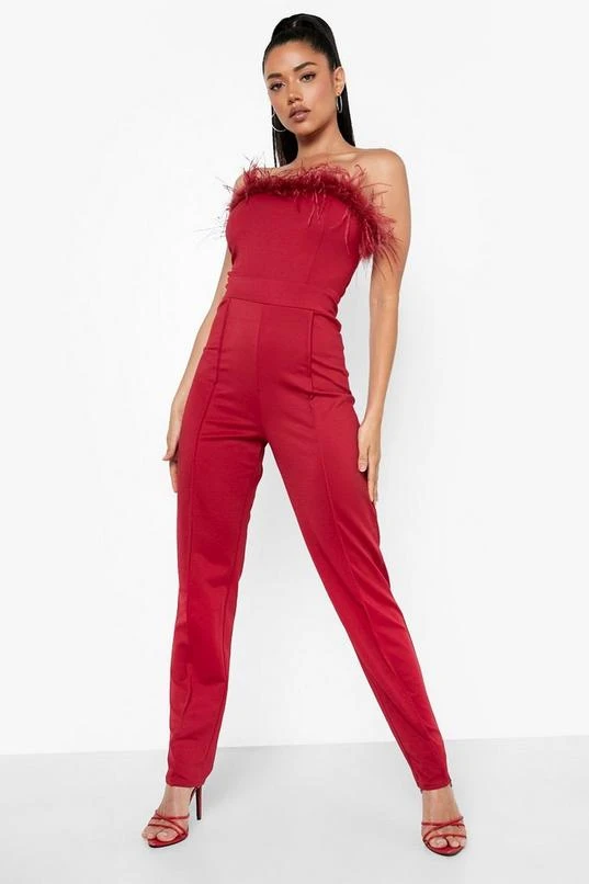 BOOHOO Feather Bandeau Tailored Jumpsuit 1 BOOHOO Feather Bandeau Tailored Jumpsuit