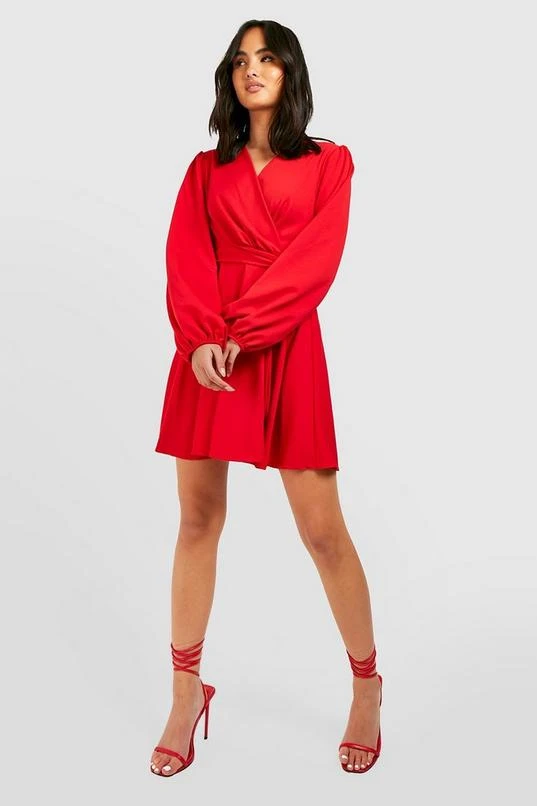 BOOHOO Balloon Sleeve Wrap Skater Dress 1 BOOHOO Balloon Sleeve Wrap Skater Dress