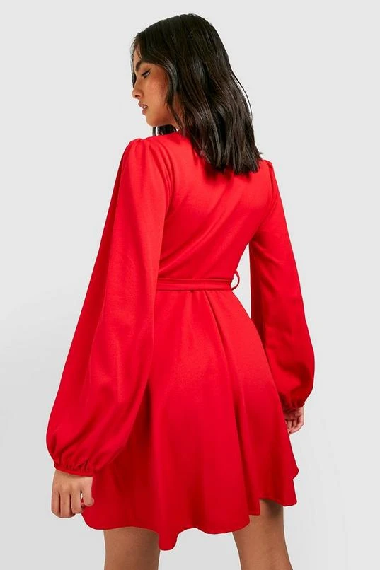 BOOHOO Balloon Sleeve Wrap Skater Dress 2 BOOHOO Balloon Sleeve Wrap Skater Dress - Image 2