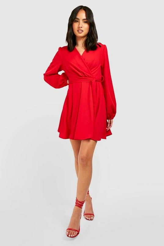 BOOHOO Balloon Sleeve Wrap Skater Dress 3 BOOHOO Balloon Sleeve Wrap Skater Dress - Image 3