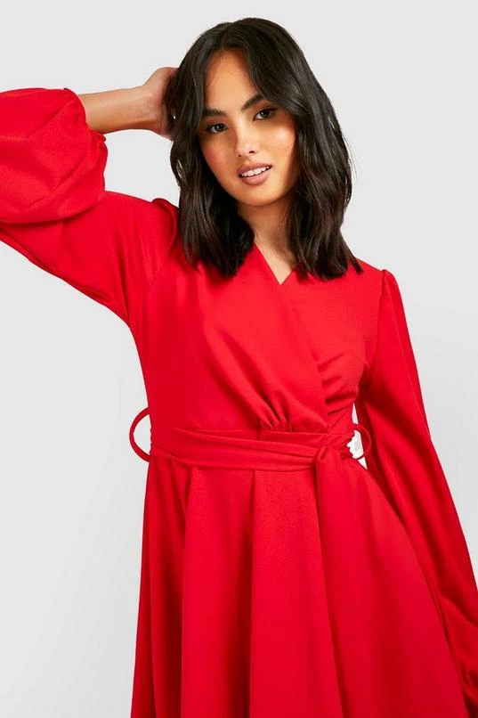 BOOHOO Balloon Sleeve Wrap Skater Dress 4 BOOHOO Balloon Sleeve Wrap Skater Dress - Image 4