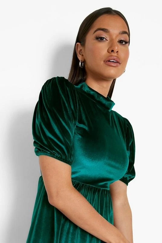 BOOHOO Velvet High Neck Puff Sleeve Smock Party Dress 4 BOOHOO Velvet High Neck Puff Sleeve Smock Party Dress - Image 4