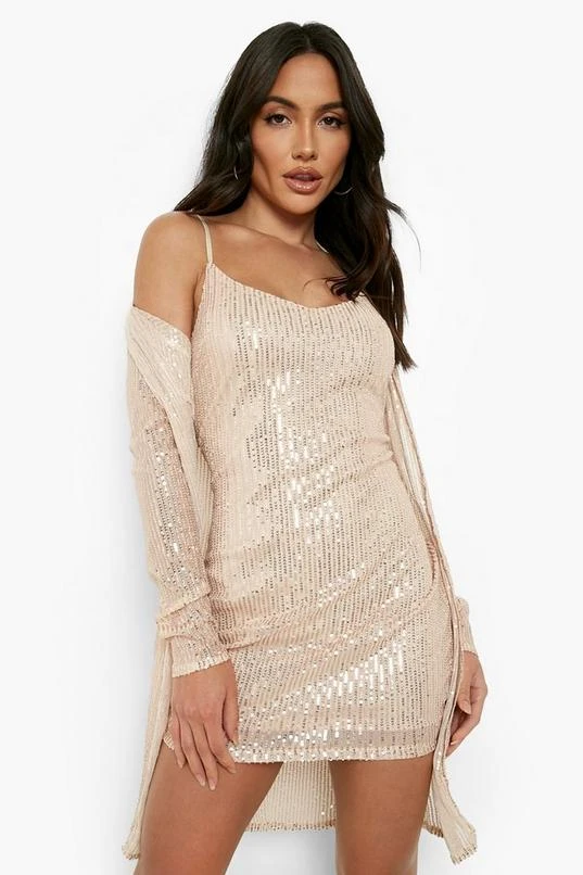 BOOHOO Sequin Strappy Mini Dress And Duster Set 1 BOOHOO Sequin Strappy Mini Dress And Duster Set