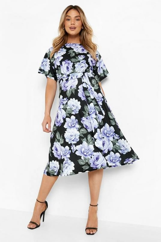 BOOHOO Floral Boat Neck Tie Waist Midi Dress 1 BOOHOO Floral Boat Neck Tie Waist Midi Dress