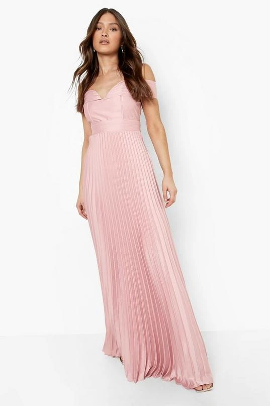 BOOHOO Pleated Off The Shoulder Satin Maxi Dress 1 BOOHOO Pleated Off The Shoulder Satin Maxi Dress