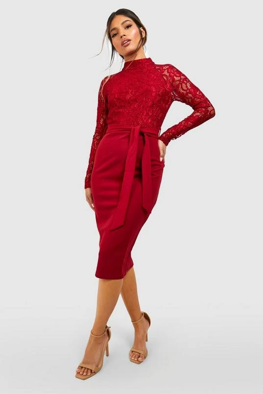 BOOHOO High Neck Long Sleeve Lace Midi Dress 1 BOOHOO High Neck Long Sleeve Lace Midi Dress