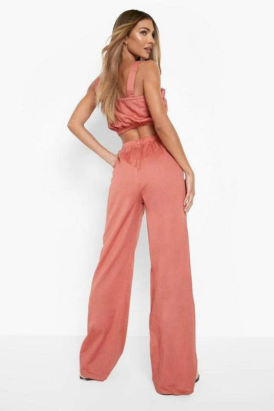 BOOHOO Linen Look Ruffle Crop & Wide Leg Pants 2 BOOHOO Linen Look Ruffle Crop & Wide Leg Pants - Image 2