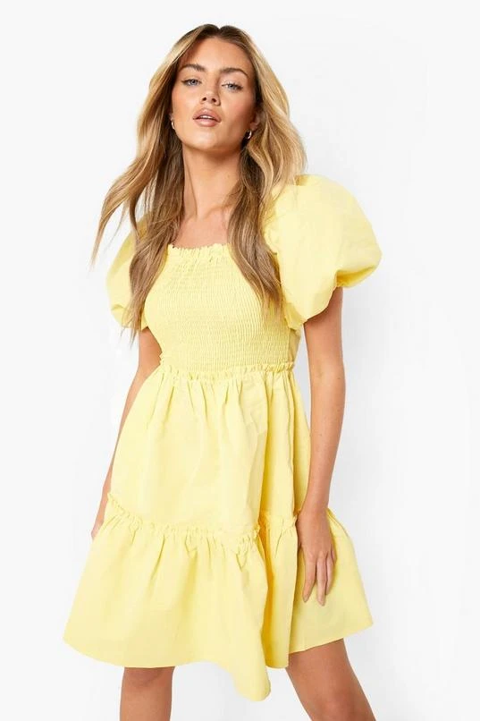 BOOHOO Puff Sleeve Shirred Tiered Smock Dress 1 BOOHOO Puff Sleeve Shirred Tiered Smock Dress