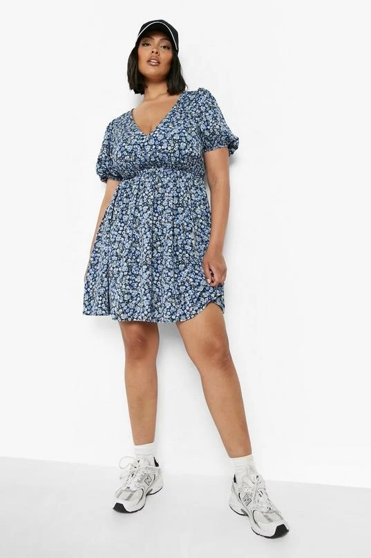 BOOHOO Plus Floral Puff Shirred Waist Skater Dress 1 BOOHOO Plus Floral Puff Shirred Waist Skater Dress