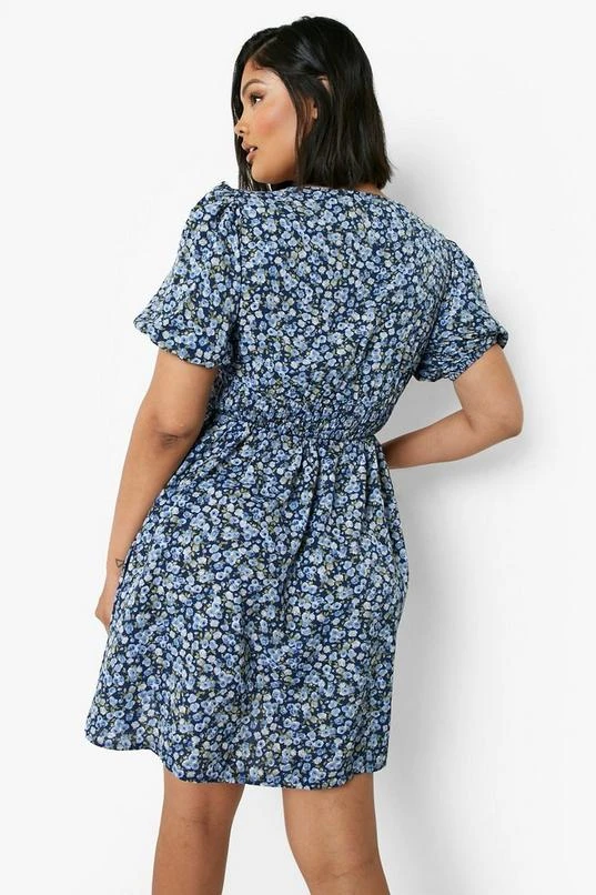 BOOHOO Plus Floral Puff Shirred Waist Skater Dress 2 BOOHOO Plus Floral Puff Shirred Waist Skater Dress - Image 2