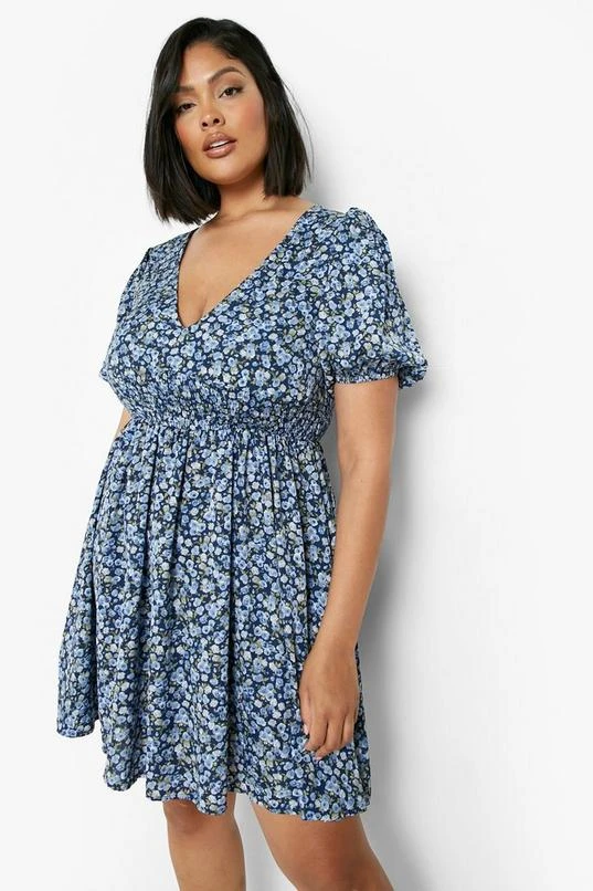 BOOHOO Plus Floral Puff Shirred Waist Skater Dress 3 BOOHOO Plus Floral Puff Shirred Waist Skater Dress - Image 3