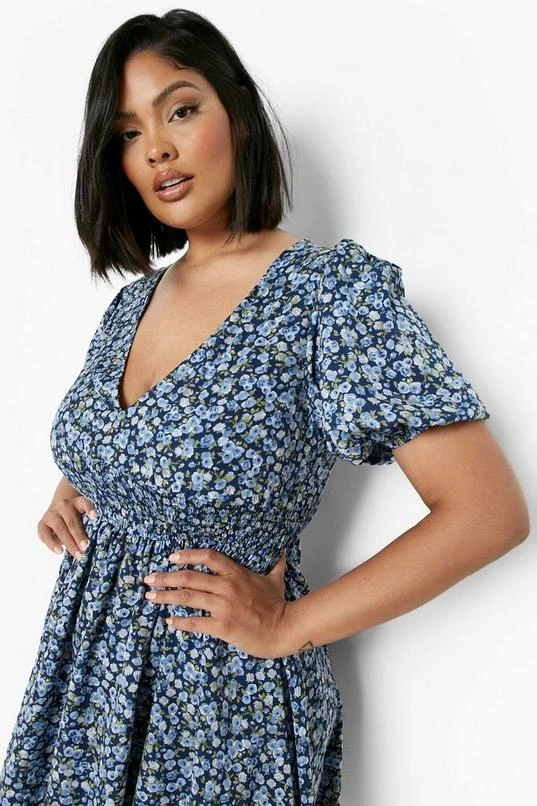 BOOHOO Plus Floral Puff Shirred Waist Skater Dress 4 BOOHOO Plus Floral Puff Shirred Waist Skater Dress - Image 4