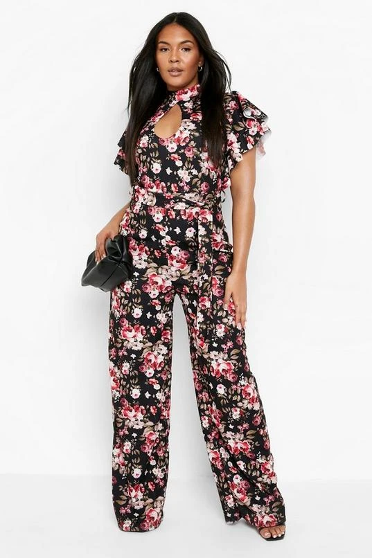 BOOHOO Plus Floral Print Key Hole Wide Leg Jumpsuit 1 BOOHOO Plus Floral Print Key Hole Wide Leg Jumpsuit