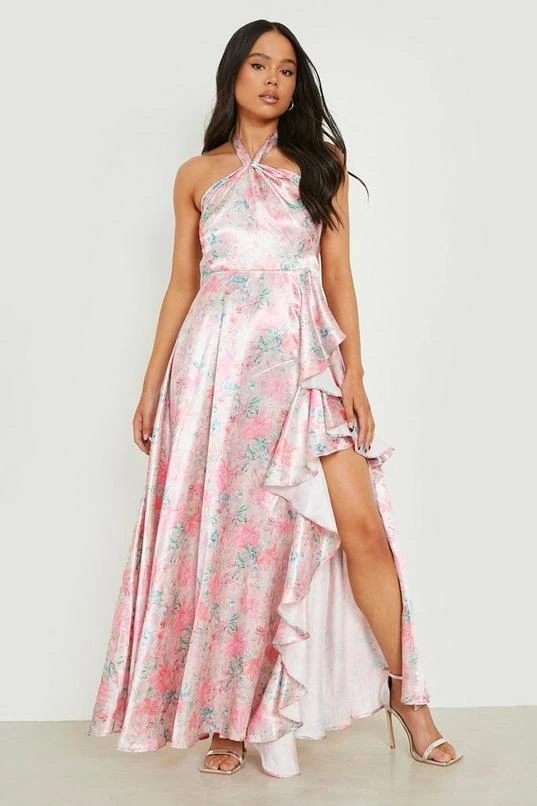 BOOHOO Petite Floral Satin Occasion Frill Maxi Dress 1 BOOHOO Petite Floral Satin Occasion Frill Maxi Dress