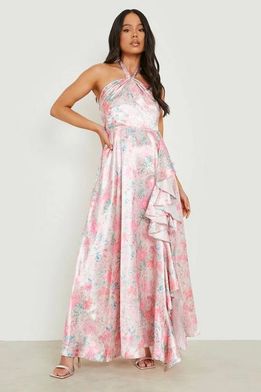 BOOHOO Petite Floral Satin Occasion Frill Maxi Dress 3 BOOHOO Petite Floral Satin Occasion Frill Maxi Dress - Image 3
