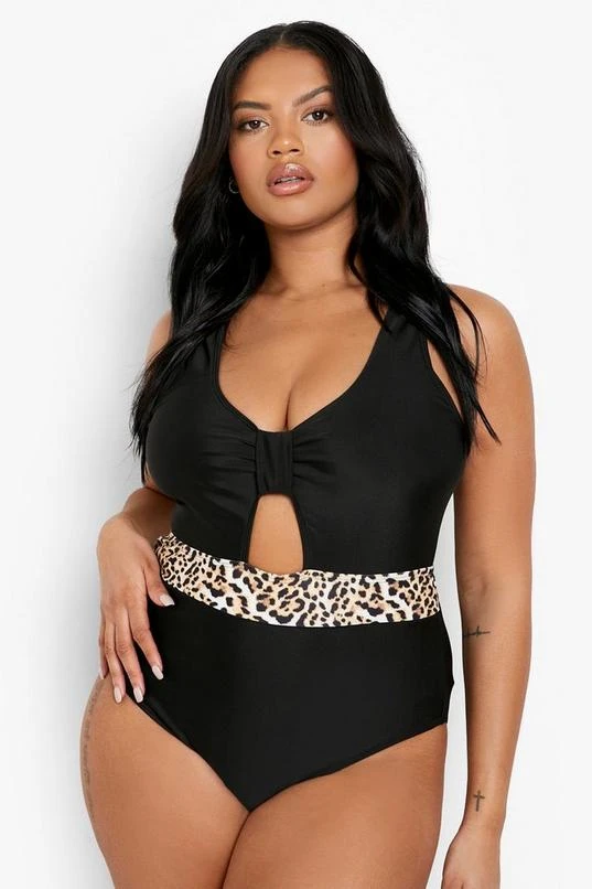 BOOHOO Plus Leopard Contrast Cut Out Swimsuit 1 BOOHOO Plus Leopard Contrast Cut Out Swimsuit
