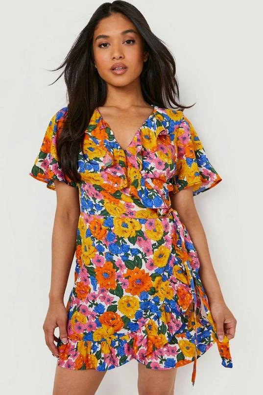 BOOHOO Petite Floral Ruffle Wrap Dress 1 BOOHOO Petite Floral Ruffle Wrap Dress