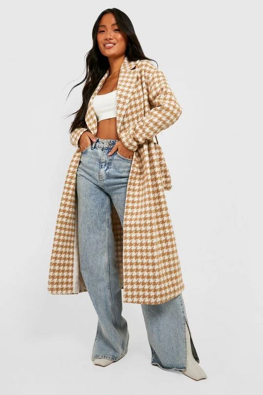 BOOHOO Petite Dogtooth Belted Wool Look Trench 1 BOOHOO Petite Dogtooth Belted Wool Look Trench