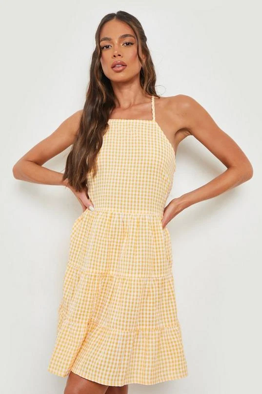BOOHOO Woven Crinkle Gingham Strappy Smock Dress 1 BOOHOO Woven Crinkle Gingham Strappy Smock Dress