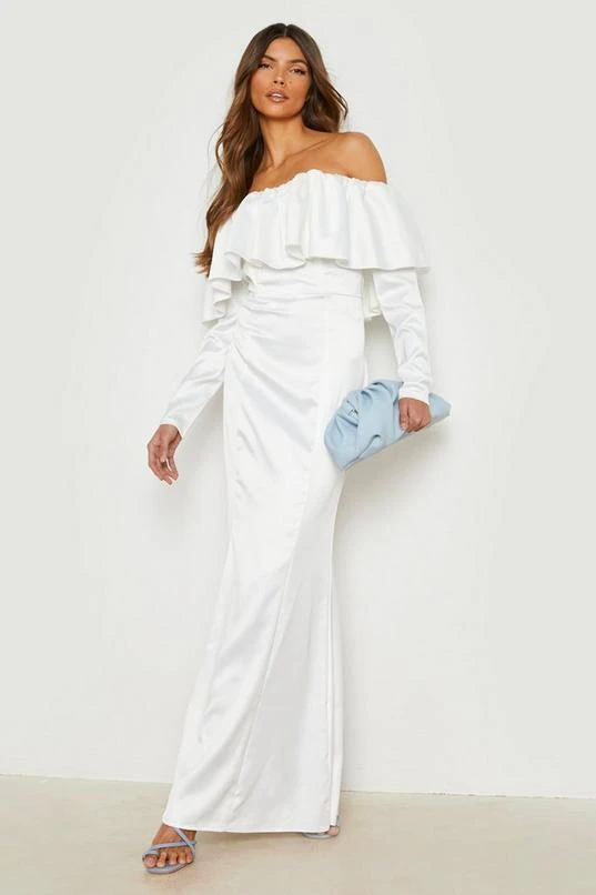 BOOHOO Satin Off The Shoulder Frill Detail Maxi Dress 1 BOOHOO Satin Off The Shoulder Frill Detail Maxi Dress