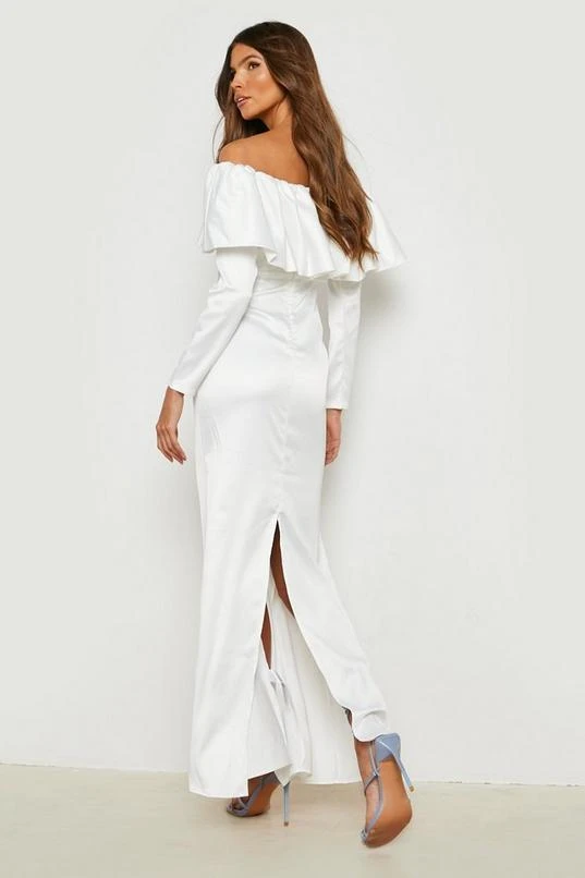 BOOHOO Satin Off The Shoulder Frill Detail Maxi Dress 2 BOOHOO Satin Off The Shoulder Frill Detail Maxi Dress - Image 2