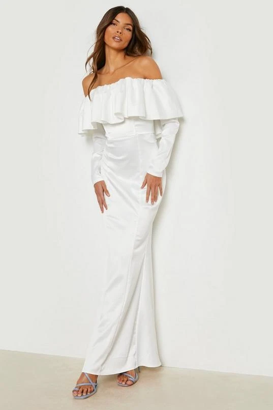 BOOHOO Satin Off The Shoulder Frill Detail Maxi Dress 3 BOOHOO Satin Off The Shoulder Frill Detail Maxi Dress - Image 3