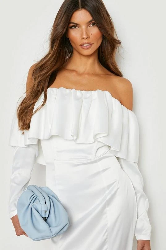 BOOHOO Satin Off The Shoulder Frill Detail Maxi Dress 4 BOOHOO Satin Off The Shoulder Frill Detail Maxi Dress - Image 4