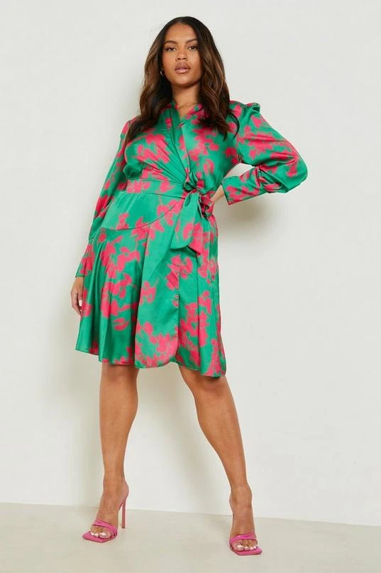 BOOHOO Plus Satin Floral Print Wrap Skater Dress 1 BOOHOO Plus Satin Floral Print Wrap Skater Dress