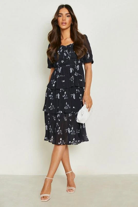 BOOHOO Floral Plisse Tiered Frill Midi Dress 1 BOOHOO Floral Plisse Tiered Frill Midi Dress