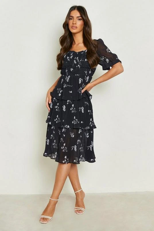BOOHOO Floral Plisse Tiered Frill Midi Dress 3 BOOHOO Floral Plisse Tiered Frill Midi Dress - Image 3
