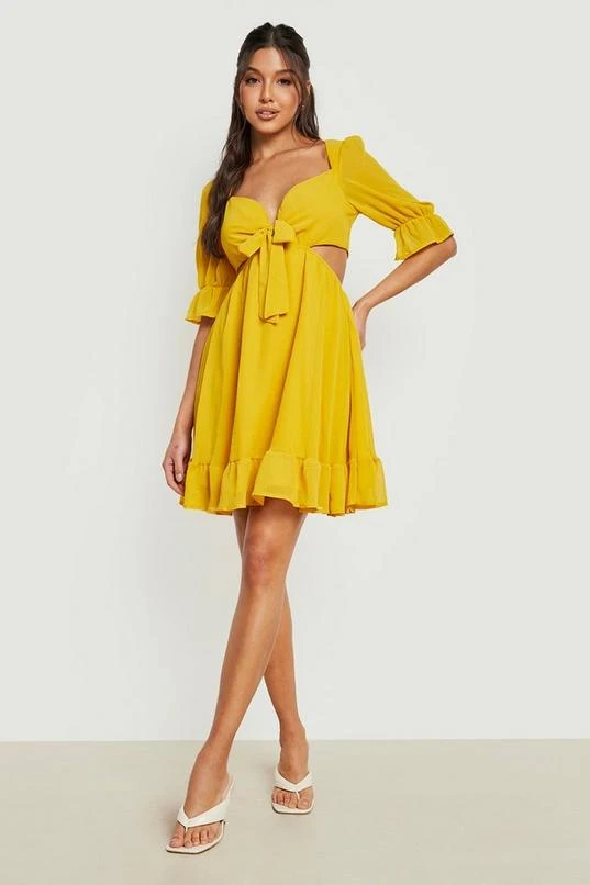 BOOHOO Tie Front Ruffle Hem Skater Dress 1 BOOHOO Tie Front Ruffle Hem Skater Dress