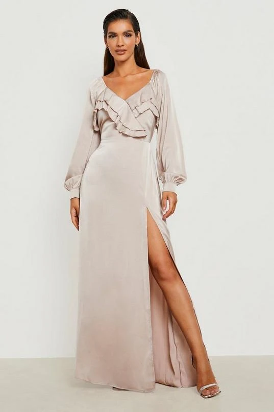 BOOHOO Satin Blouson Sleeve Ruffle Maxi Dress 3 BOOHOO Satin Blouson Sleeve Ruffle Maxi Dress - Image 3