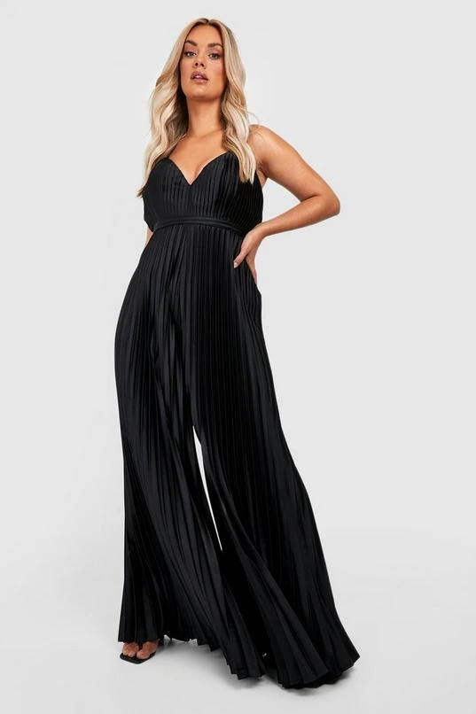 BOOHOO Plus Pleated Satin Strappy Wide Leg Jumpsuit 1 BOOHOO Plus Pleated Satin Strappy Wide Leg Jumpsuit