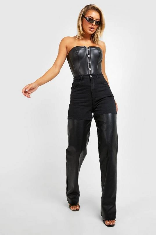 BOOHOO Pu Coated Color Block Wide Leg Jeans 1 BOOHOO Pu Coated Color Block Wide Leg Jeans