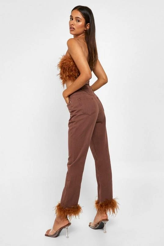 BOOHOO Feather Trim High Waisted Straight Leg Jeans 2 BOOHOO Feather Trim High Waisted Straight Leg Jeans - Image 2