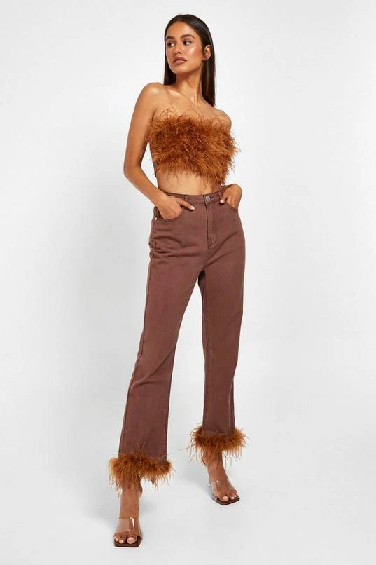 BOOHOO Feather Trim High Waisted Straight Leg Jeans 3 BOOHOO Feather Trim High Waisted Straight Leg Jeans - Image 3