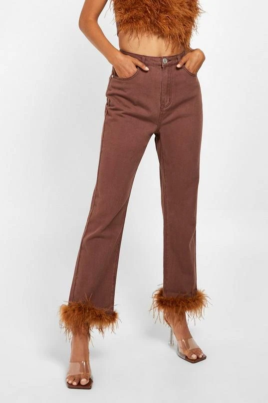 BOOHOO Feather Trim High Waisted Straight Leg Jeans 4 BOOHOO Feather Trim High Waisted Straight Leg Jeans - Image 4