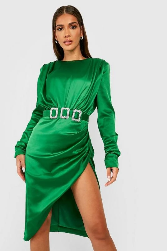 BOOHOO Satin Shoulder Pad Rhinestone Buckle Midi Dress 1 BOOHOO Satin Shoulder Pad Rhinestone Buckle Midi Dress