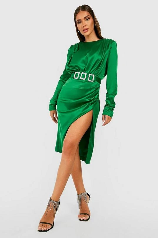 BOOHOO Satin Shoulder Pad Rhinestone Buckle Midi Dress 3 BOOHOO Satin Shoulder Pad Rhinestone Buckle Midi Dress - Image 3