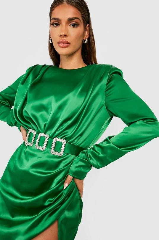 BOOHOO Satin Shoulder Pad Rhinestone Buckle Midi Dress 4 BOOHOO Satin Shoulder Pad Rhinestone Buckle Midi Dress - Image 4