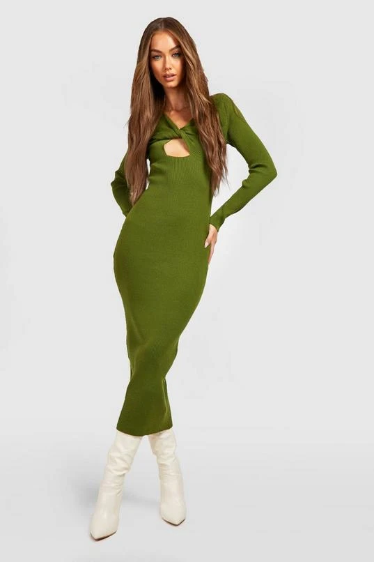 BOOHOO Premium Rib Knit Twist Front Midi Dress 1 BOOHOO Premium Rib Knit Twist Front Midi Dress