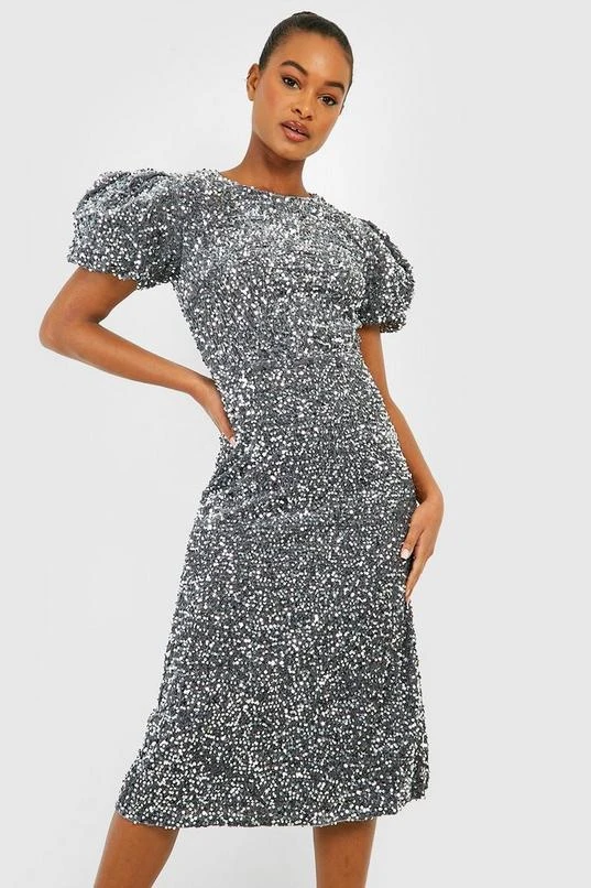 BOOHOO Tall Velvet Sequin Puff Sleeve Midi Dress 1 BOOHOO Tall Velvet Sequin Puff Sleeve Midi Dress