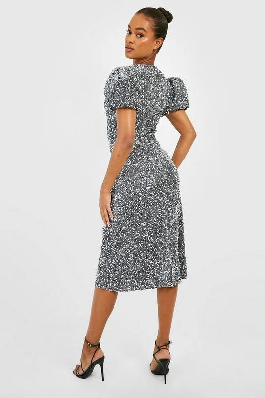 BOOHOO Tall Velvet Sequin Puff Sleeve Midi Dress 2 BOOHOO Tall Velvet Sequin Puff Sleeve Midi Dress - Image 2