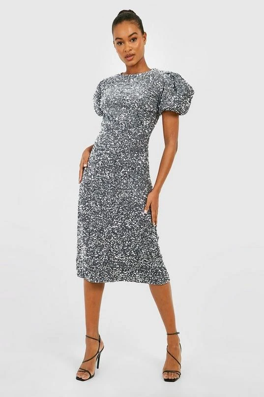 BOOHOO Tall Velvet Sequin Puff Sleeve Midi Dress 3 BOOHOO Tall Velvet Sequin Puff Sleeve Midi Dress - Image 3