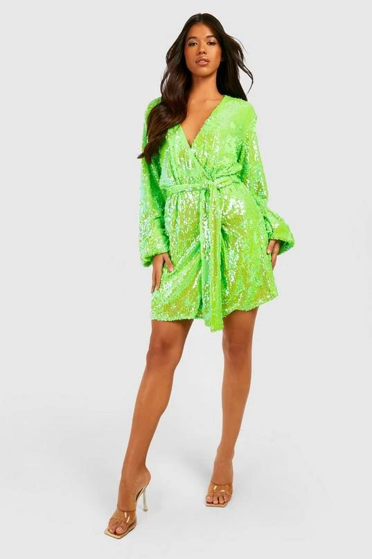 BOOHOO Tall Bright Wrap Over Sequin Dress 4 BOOHOO Tall Bright Wrap Over Sequin Dress - Image 4