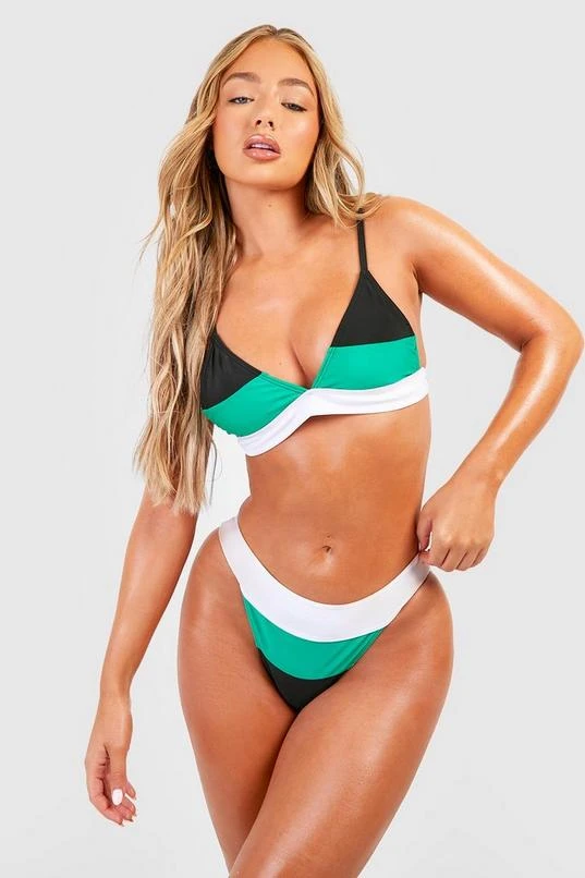 BOOHOO Color Block Plunge High Waisted Bikini Set 1 BOOHOO Color Block Plunge High Waisted Bikini Set
