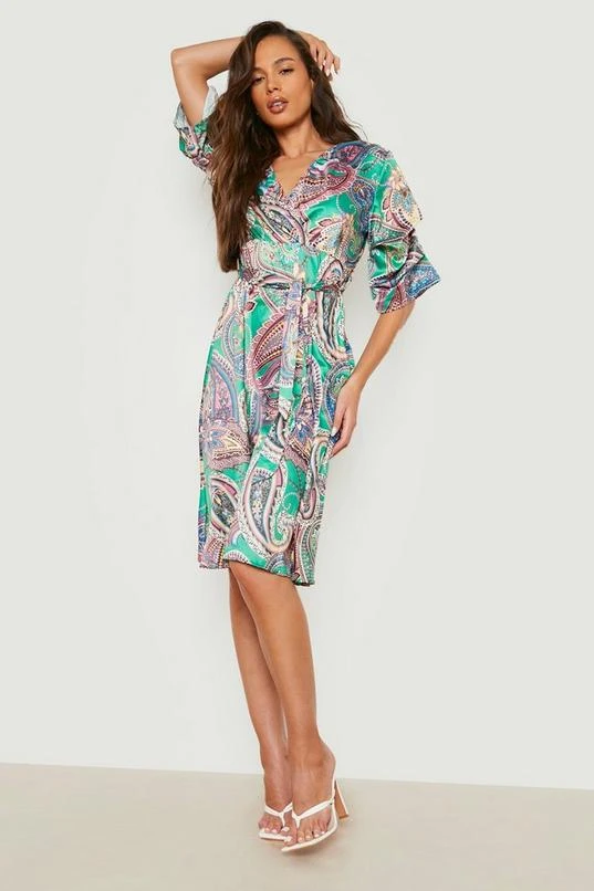 BOOHOO Paisley Belted Puff Sleeve Midi Dress 1 BOOHOO Paisley Belted Puff Sleeve Midi Dress